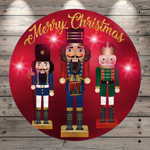 Nutcrackers, Red, Gold, Merry Christmas, Round, Light Weight, Metal, Wreath Sign, No Holes In Sign