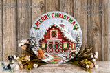 A festive Christmas wreath with a red barn and snow-covered trees, surrounded by flowers and a gingerbread man figure.