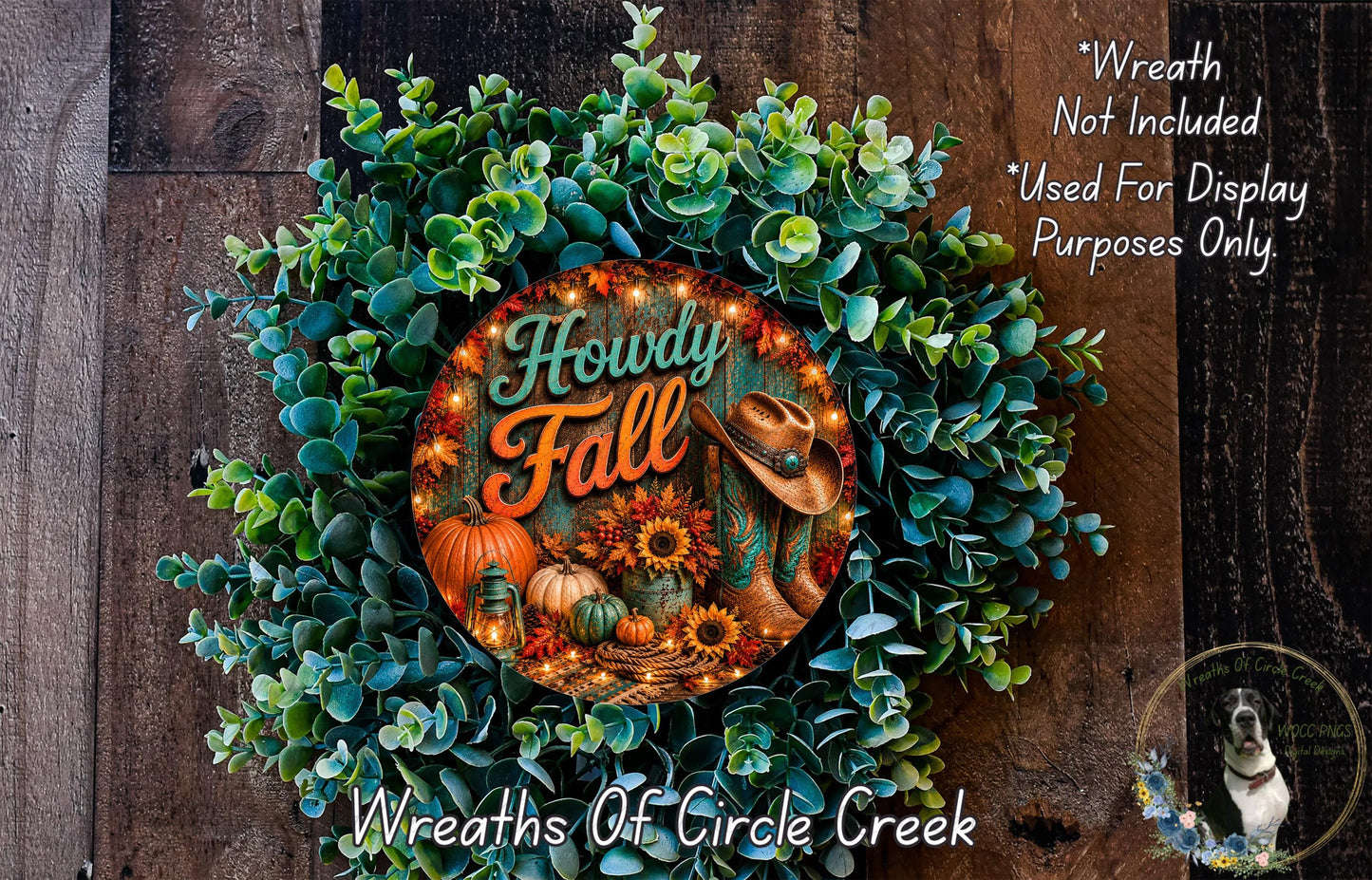 A wreath made of various fall-themed elements, including a cowboy hat, pumpkins, sunflowers, and greenery, with the text "Howdy Fall" prominently displayed.