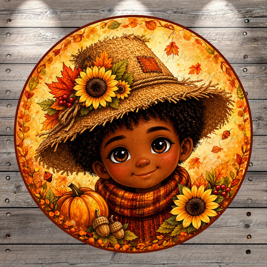 A young girl wearing a straw hat decorated with sunflowers and autumn leaves, surrounded by a pumpkin, acorns, and other fall-themed elements.