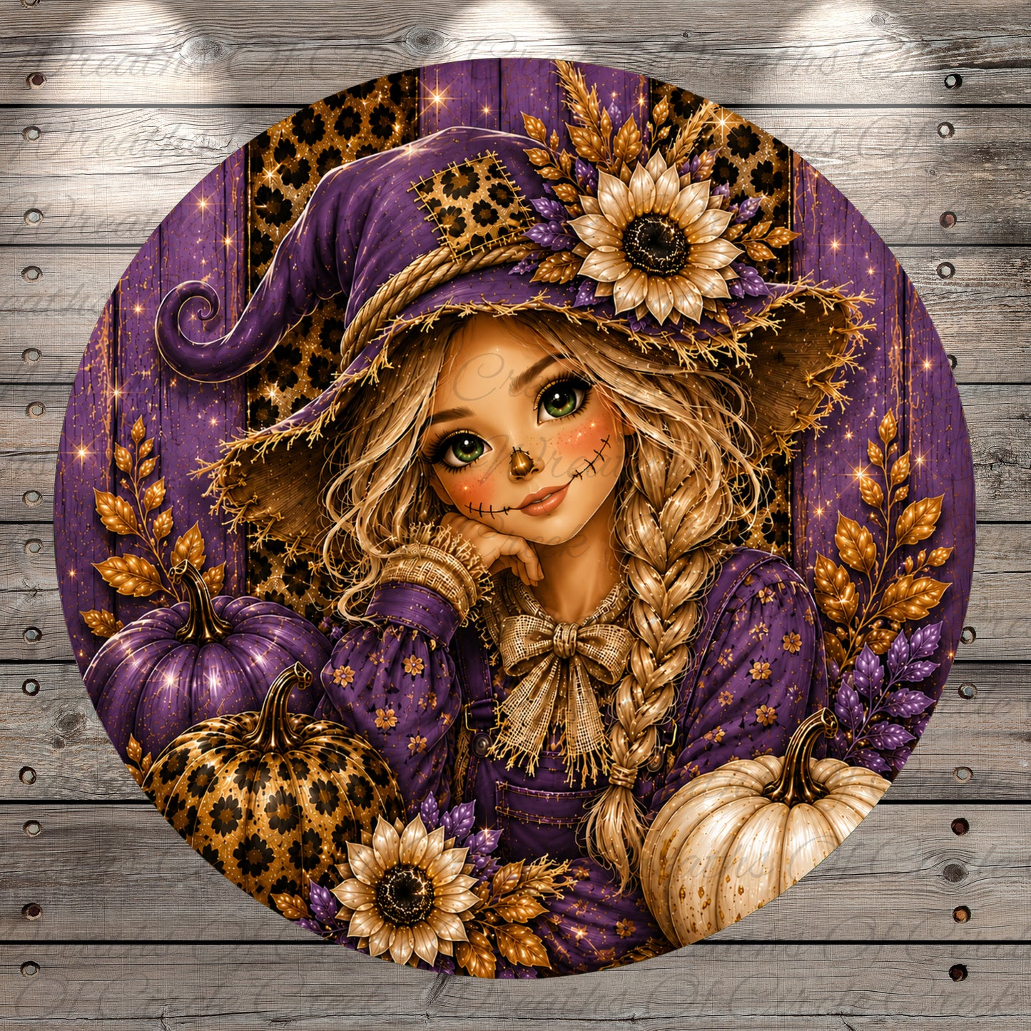 Purple Scarecrow Girl Round Aluminum Metal Wreath Sign, Leopard Pumpkins, Sunflower Fall Decor, Autumn Harvest, (Lightweight, No Holes)