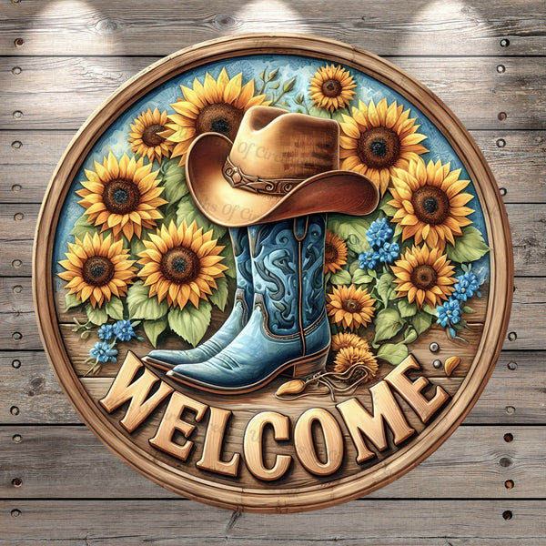 Blue, Cowgirl Boots, Hat, Welcome, Sunflowers, Rustic, Round, Light Weight, Metal Wreath Sign, No Holes In Sign