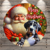 Merry Christmas, Santa Holding a Great Dane Puppy, Round, Light Weight, Metal Wreath Sign, No Holes Light Weight, Round Metal Wreath Sign, No Holes, UV Coated