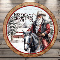 Merry Christmas Santa, Western Santa with Horse, Round, Light Weight, Metal Wreath Sign, No Holes
