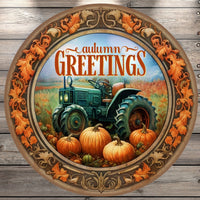 Fall Tractor, Autumn Greetings, Pumpkins, Round UV Coated, Metal Sign, No Holes