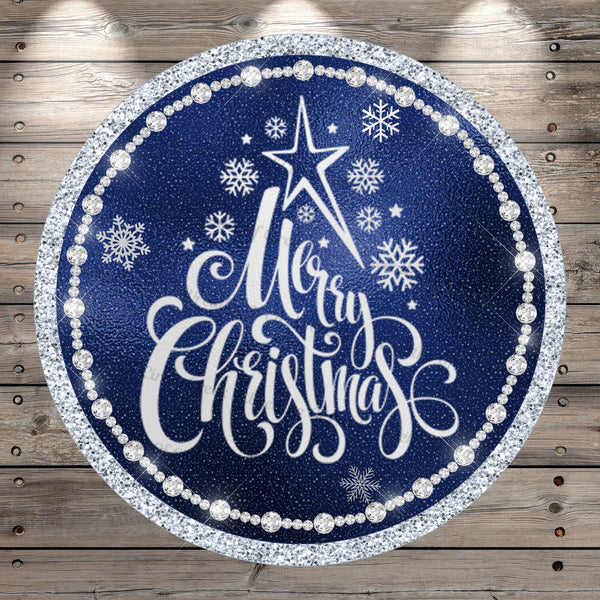 Merry Christmas, Blue, Silver, Christmas Tree, Star, Round, Light Weight, Metal, Wreath Sign, No Holes In Sign