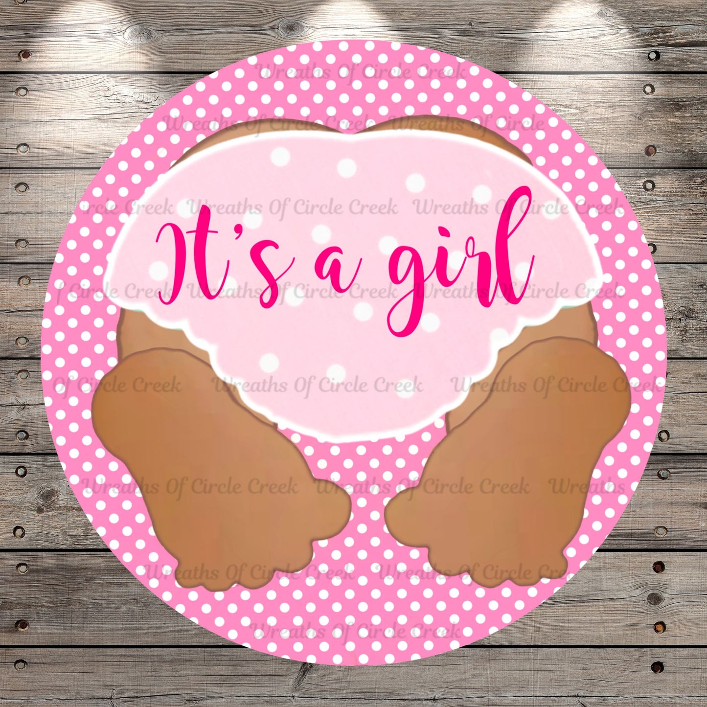It's A Girl, Baby Shower, Pink, Girl, Wreath Sign, No Holes, Round UV Coated, Metal