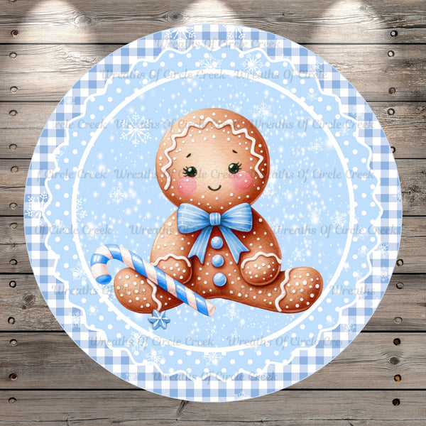 Baby’s First Christmas, Boy, Gingerbread, Blue, Wreath Sign, No Holes, Round UV Coated, Metal
