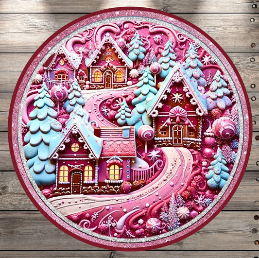 Pink Candy Land, Pink and Silver Glitter Border, Round, Light Weight, Metal Wreath Sign, No Holes
