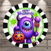 Purple Monster, Happy Halloween, Trick Or Treat, Black And White Border, Round, Light Weight, Metal Wreath Sign, No Holes In Sign