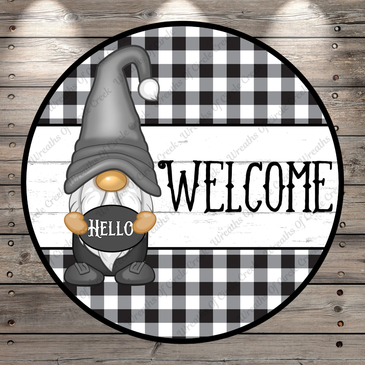 Black And White, Welcome, Gnome, Hello, Plaid, Farmhouse, Lightweight, Metal Wreath Sign, Round, With No Holes In Sign