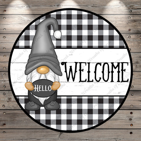 Black And White, Welcome, Gnome, Hello, Plaid, Farmhouse, Lightweight, Metal Wreath Sign, Round, With No Holes In Sign