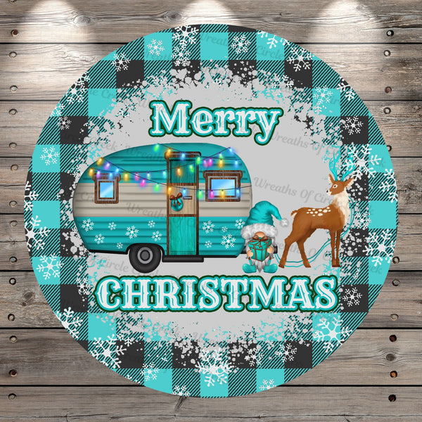 Christmas Camper, Gnomes, Reindeer, Snow, Merry Christmas, Blue and Black, Plaid, Light Weight, Metal, Wreath Sign, No Holes In Sign