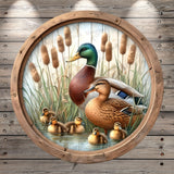 Ducks, Ducklings, Cattails, Pond, Mallard Ducks, Faux Wood, Rustic, Round Light Weight, Metal Wreath Sign, No Holes