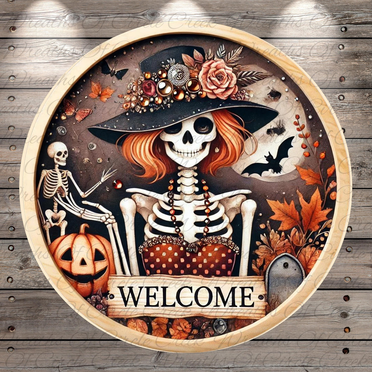 A decorative Halloween-themed sign featuring a skeleton wearing a black hat with flowers, surrounded by autumn leaves, a pumpkin, and a bat silhouette.