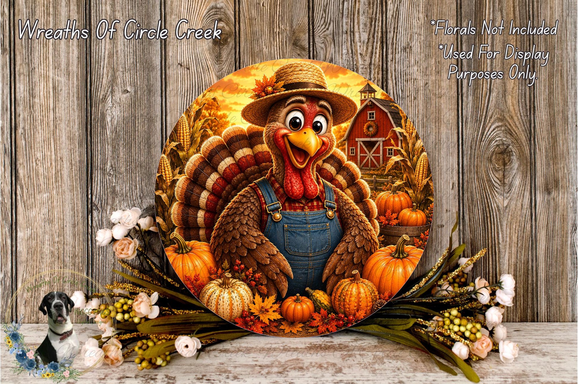 A round wreath featuring a turkey wearing overalls and a straw hat, surrounded by pumpkins, gourds, and flowers, with a barn in the background.