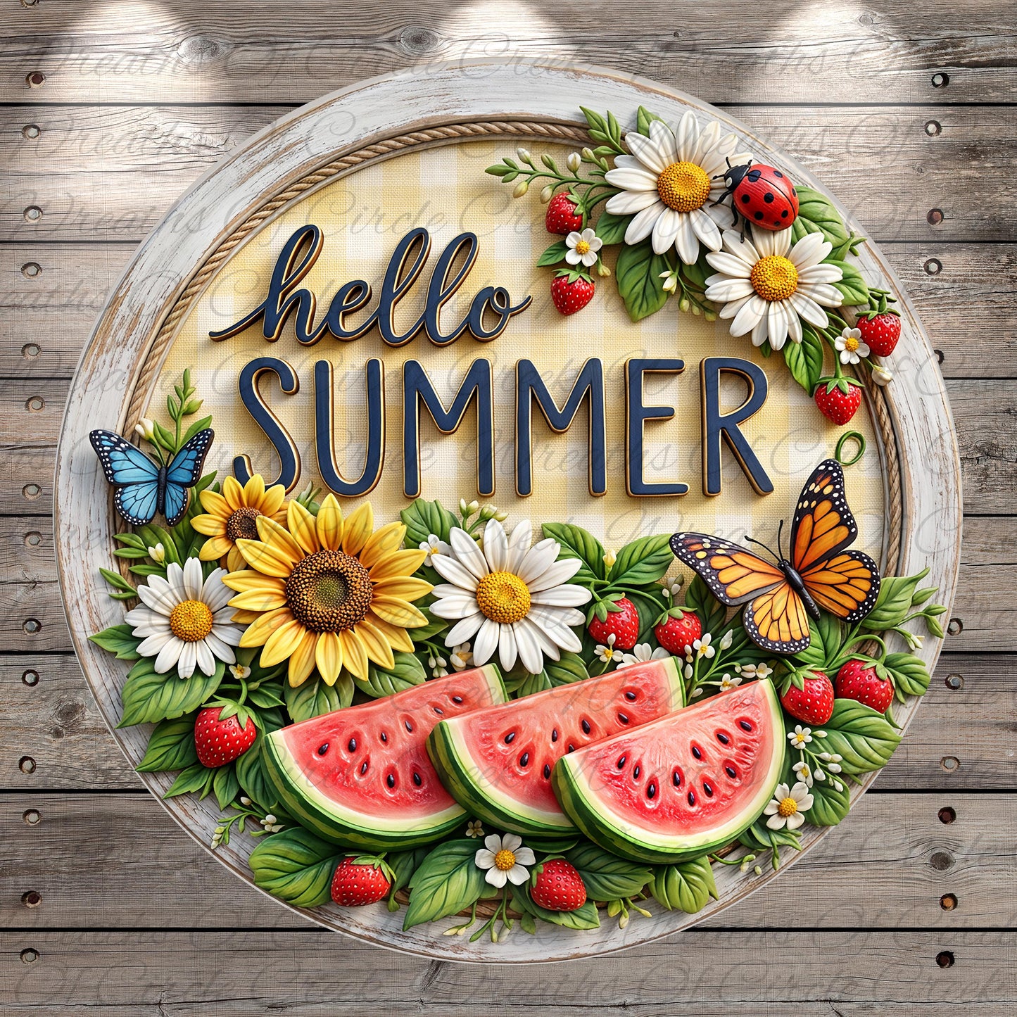 A decorative sign with the text "Hello Summer" surrounded by various summer-themed elements such as flowers, butterflies, and fruits like watermelon.