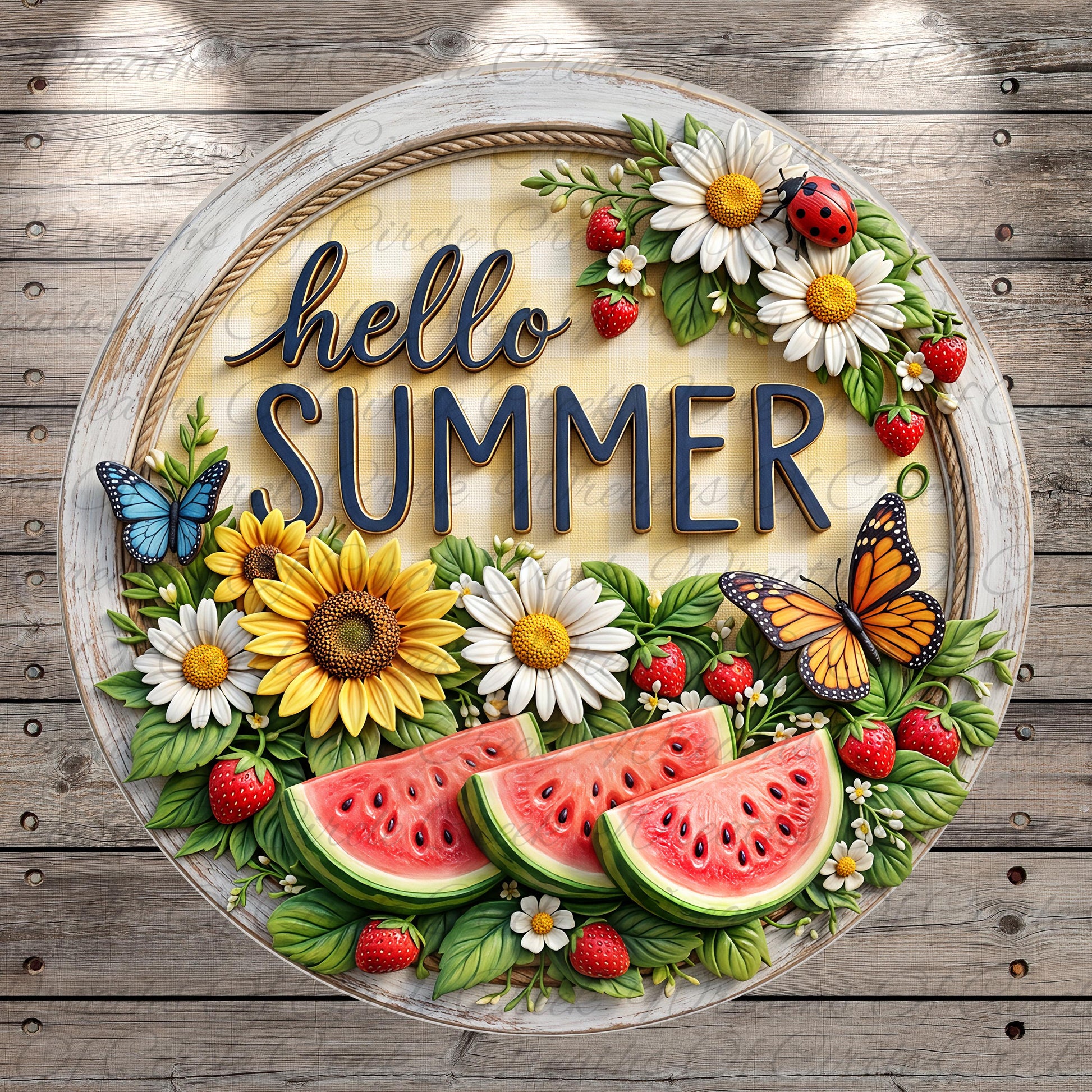 A decorative sign with the text "Hello Summer" surrounded by various summer-themed elements such as flowers, butterflies, and fruits like watermelon.
