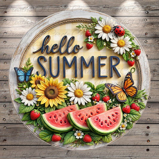 A decorative sign with the text "Hello Summer" surrounded by various summer-themed elements such as flowers, butterflies, and fruits like watermelon.