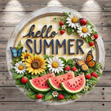A decorative sign with the text "Hello Summer" surrounded by various summer-themed elements such as flowers, butterflies, and fruits like watermelon.