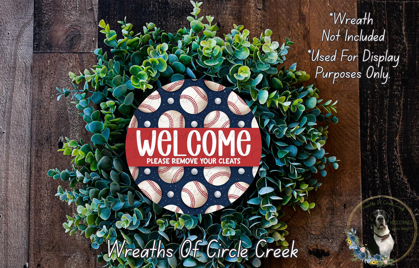 a wreath made of green leaves and baseballs, with a sign that reads "Welcome Please remove your cleats".