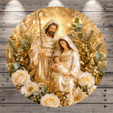 A decorative image featuring a nativity scene with a shepherd, a baby, and a woman, surrounded by flowers and greenery.