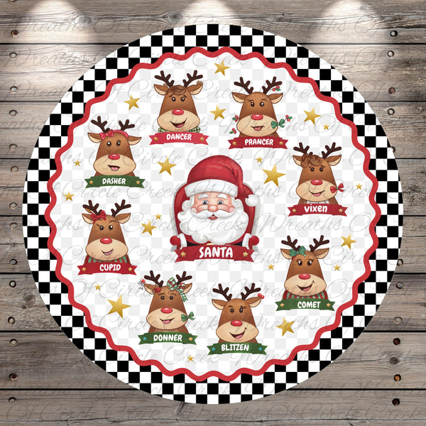 A round Christmas-themed table runner or mat featuring a Santa Claus image surrounded by seven reindeer with different names, all set against a black and white checkered background with stars.