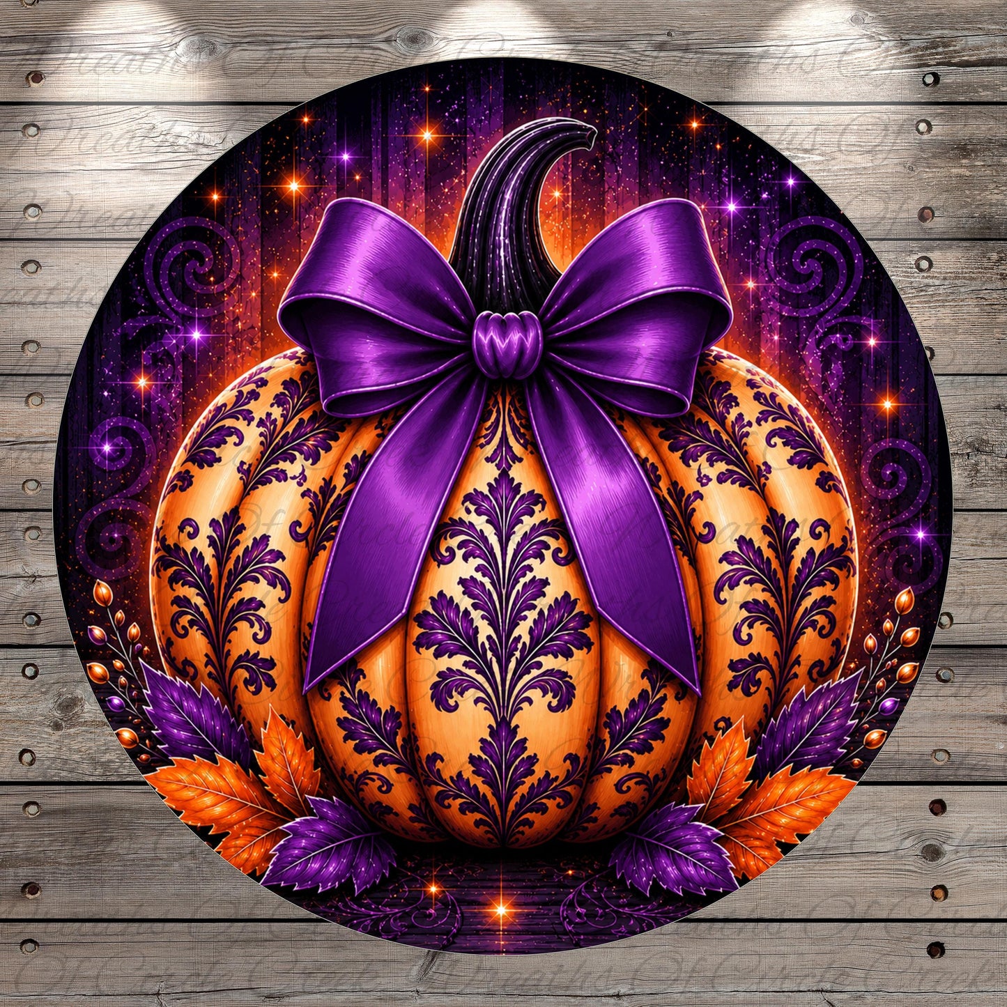 a large, ornate pumpkin with a purple bow, surrounded by purple and orange leaves, creating a festive and autumnal atmosphere.