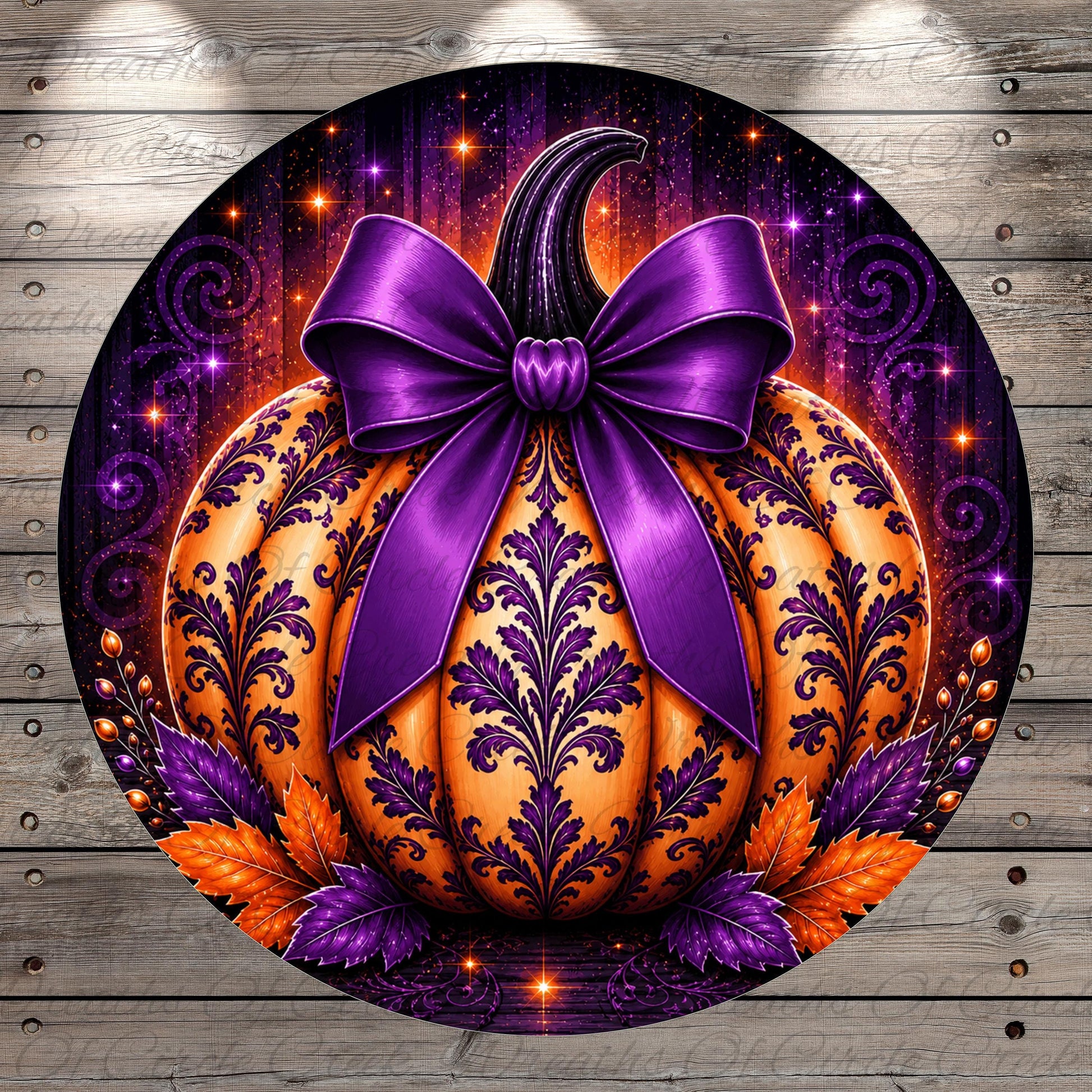 a large, ornate pumpkin with a purple bow, surrounded by purple and orange leaves, creating a festive and autumnal atmosphere.