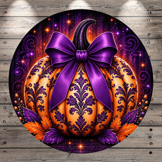 a large, ornate pumpkin with a purple bow, surrounded by purple and orange leaves, creating a festive and autumnal atmosphere.