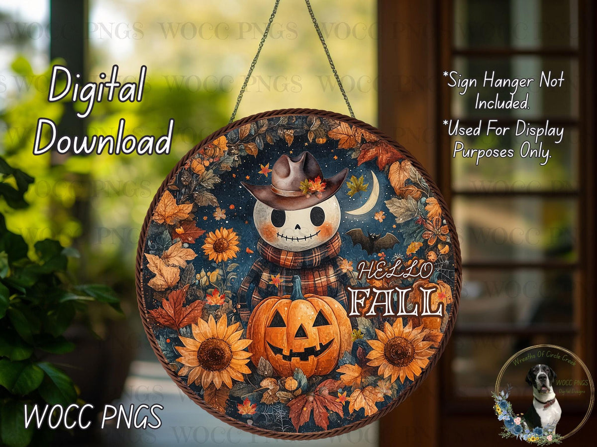 The image is a digital download of a Halloween-themed sign with a jack-o-lantern, sunflowers, and autumn leaves. The sign is hanging on a wall and features the text "HELLO FALL" and "Sign Hanger Not Included. Used For Display Purposes Only."