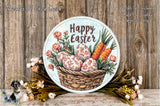 A round sign with the text "Happy Easter" and an illustration of a basket filled with Easter eggs, carrots, and flowers, placed on a wooden surface.