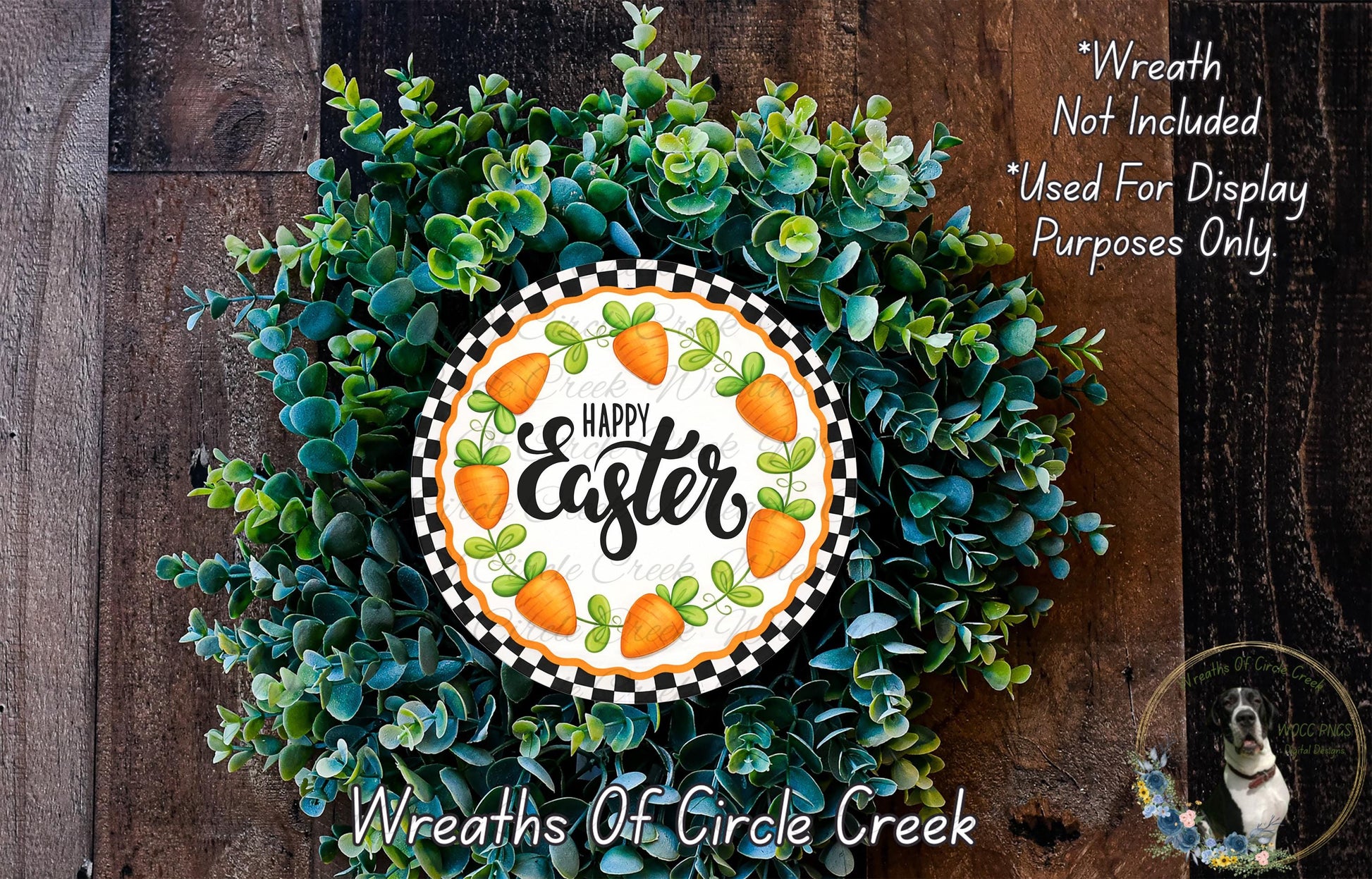 a wreath made of various green and orange plants, with a central circular design that includes the text "Happy Easter" surrounded by orange carrots.
