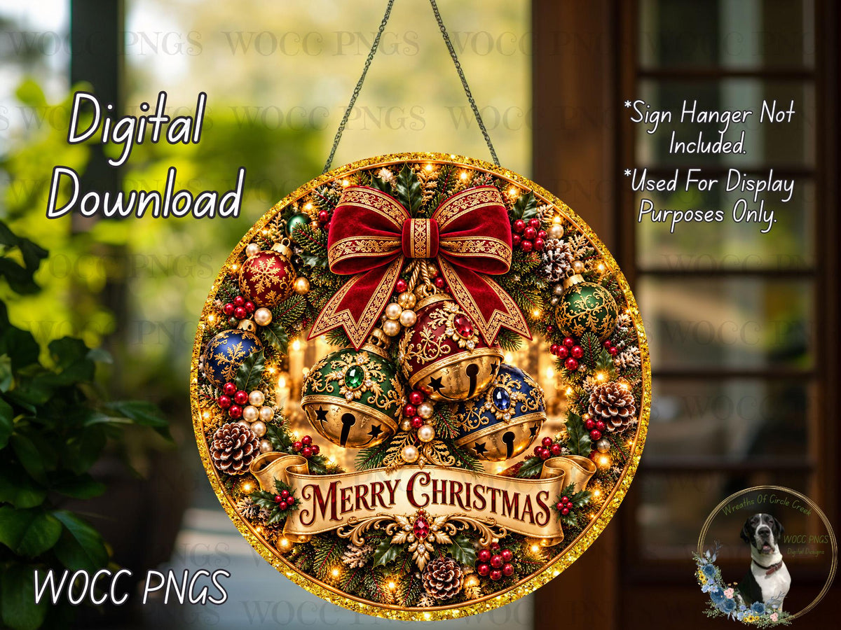 The image is a digital download of a Christmas wreath with bells and a ribbon, hanging on a wall.