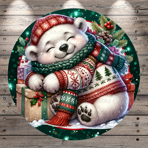 A cheerful white polar bear wearing a red and green sweater and a matching hat is hugging a gift box, surrounded by Christmas decorations and gifts.