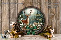 A round wooden frame with a deer and snow-covered forest scene, surrounded by a green bow and flowers, against a wooden background.