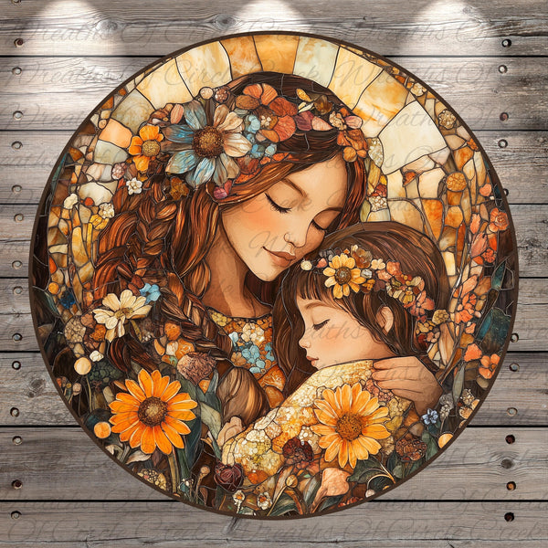 A circular stained glass artwork depicting a woman with long, braided hair and a flower crown embracing a young girl, surrounded by a vibrant array of flowers and foliage.