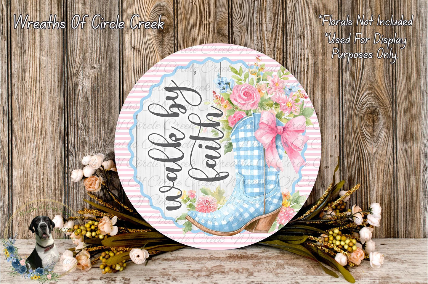 Walk by Faith Boots Sign | Lightweight Round Metal Wreath Sign | No Holes in Sign | Christian Farmhouse Decor