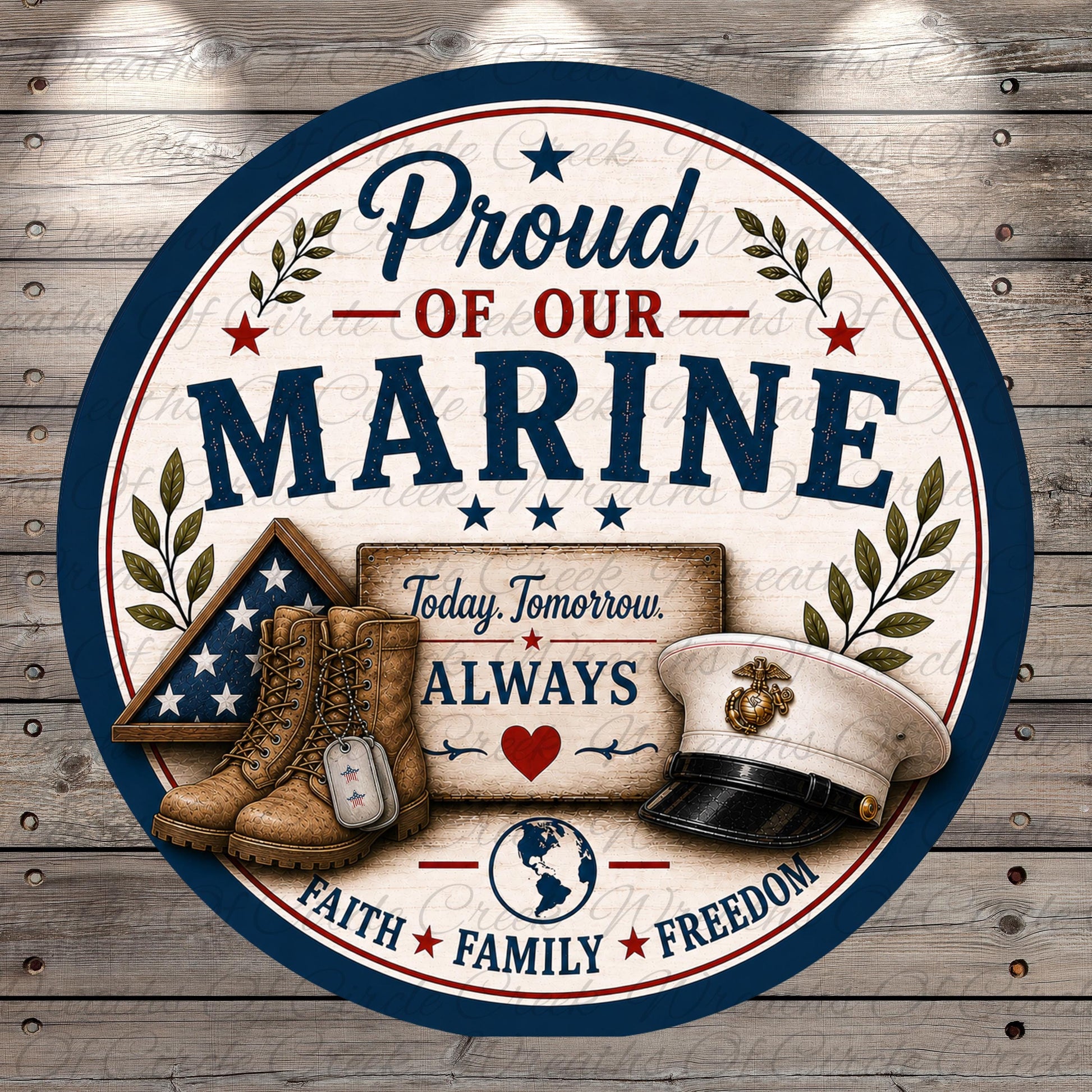 The image is a patriotic design featuring a round sign with the text "Proud of our Marine" and various symbols and objects associated with the military, such as boots, a hat, and a flag.