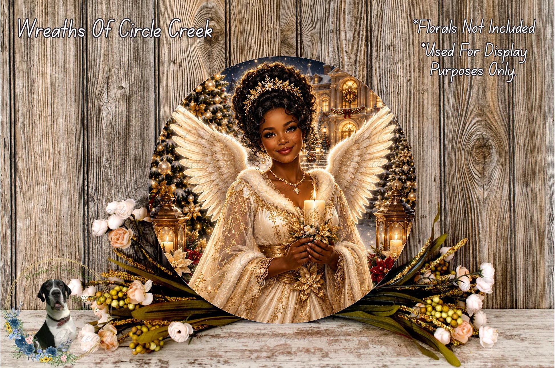 A digital illustration of a woman with angelic wings, wearing a golden dress and holding a lit candle, surrounded by a wreath of flowers and greenery.