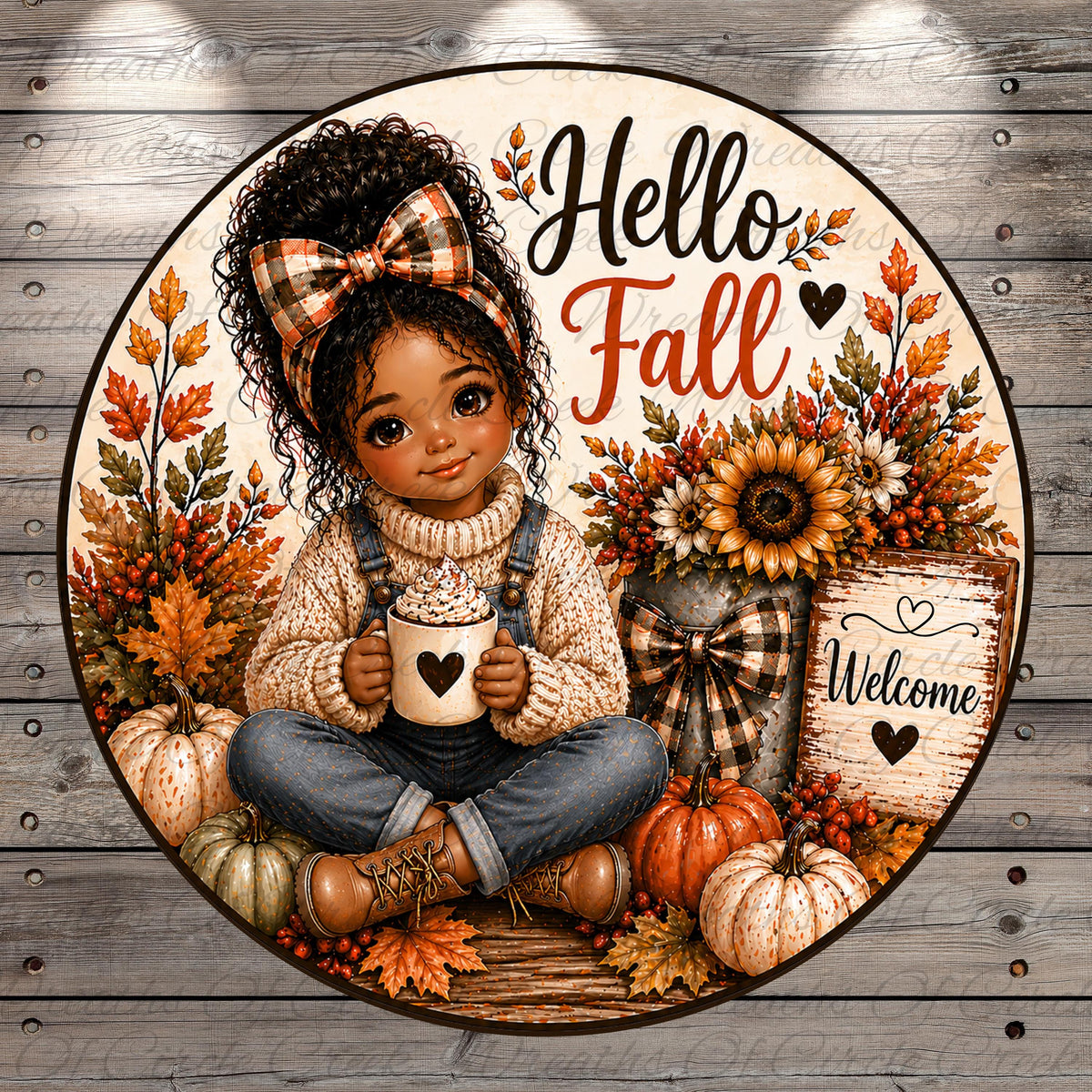 A young girl with curly hair is sitting on the ground surrounded by autumn decorations, including pumpkins, sunflowers, and a sign that says "Welcome".