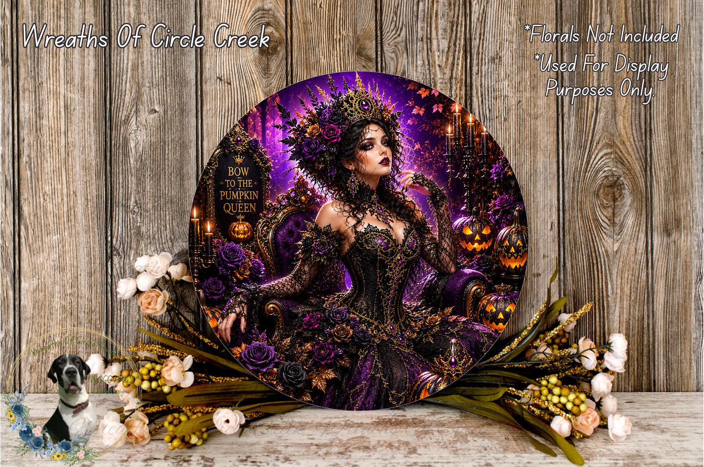a large, ornate, and intricately designed wreath with a woman in a purple and gold dress as the central figure. The wreath is surrounded by various floral elements, including pumpkins and other autumn-themed decorations. The overall composition is visually striking and detailed, showcasing the craftsmanship and artistry involved in creating this decorative piece.