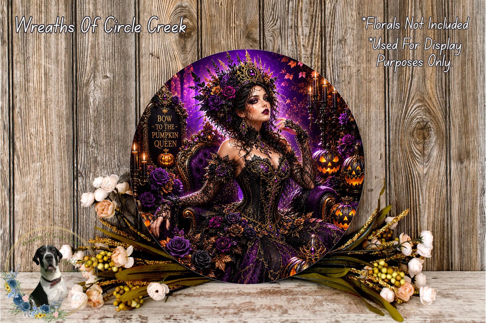a large, ornate, and intricately designed wreath with a woman in a purple and gold dress as the central figure. The wreath is surrounded by various floral elements, including pumpkins and other autumn-themed decorations. The overall composition is visually striking and detailed, showcasing the craftsmanship and artistry involved in creating this decorative piece.