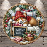 A cozy scene of a sleeping puppy wearing a red hat and scarf, surrounded by winter decorations such as pine cones, berries, and a wicker basket with a sign that says "Winter Wishes".
