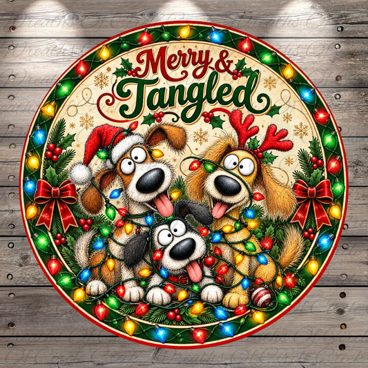 A festive Christmas-themed illustration featuring three cartoon dogs wearing Santa hats and surrounded by colorful Christmas lights and decorations.