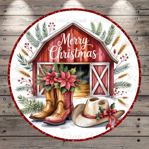 A festive Christmas scene featuring a red barn, a pair of cowboy boots, a cowboy hat, and a poinsettia plant, all set against a snowy background.