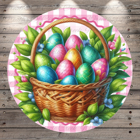 A basket filled with colorful Easter eggs, surrounded by green leaves and flowers, set against a pink and white checkered background.