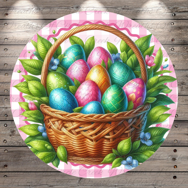 A basket filled with colorful Easter eggs, surrounded by green leaves and flowers, set against a pink and white checkered background.