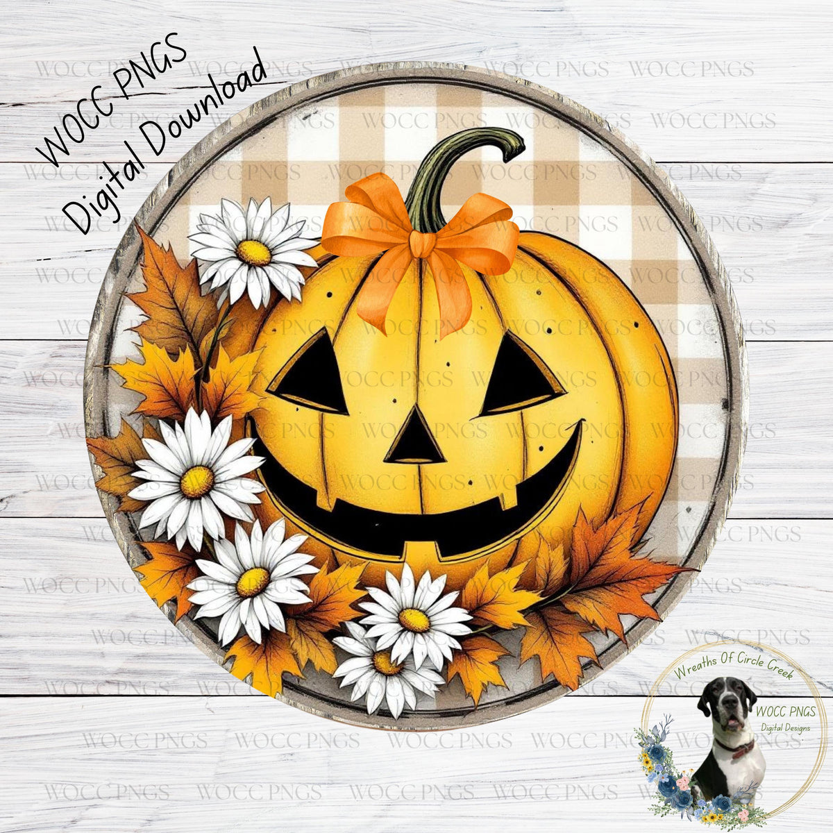 A Halloween-themed wreath with a jack-o-lantern, flowers, and autumn leaves, set against a wooden background.