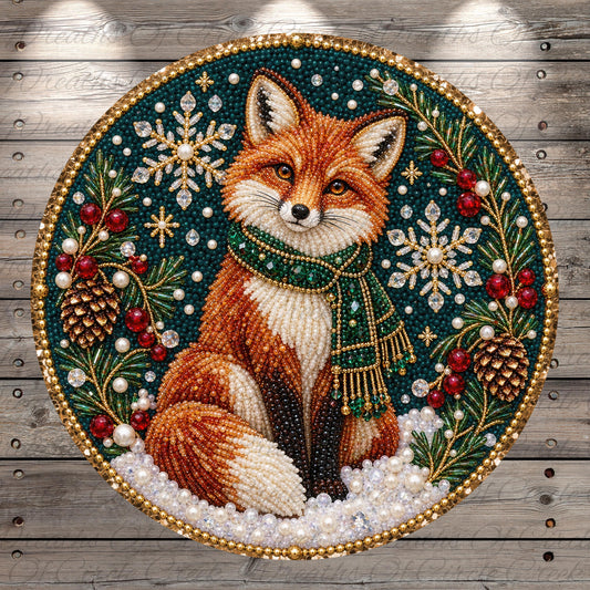 A detailed embroidered image of a fox wearing a green scarf and surrounded by snowflakes, pine cones, and berries, all set against a dark blue background.